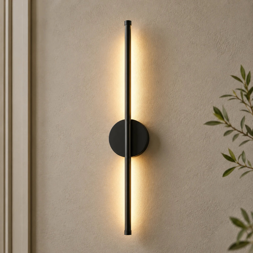 Black rechargeable wireless minimalist wall light — USB-C rechargeable with no drilling or wiring, mounts anywhere on the wall.