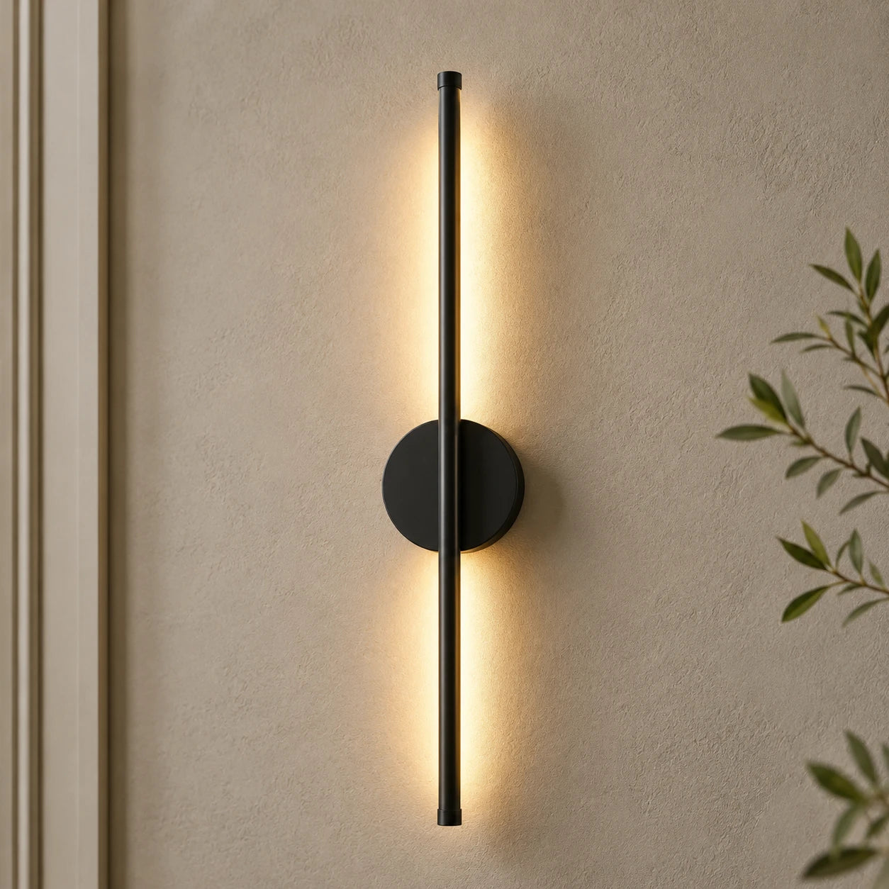 Black rechargeable wireless minimalist wall light — USB-C rechargeable with no drilling or wiring, mounts anywhere on the wall.