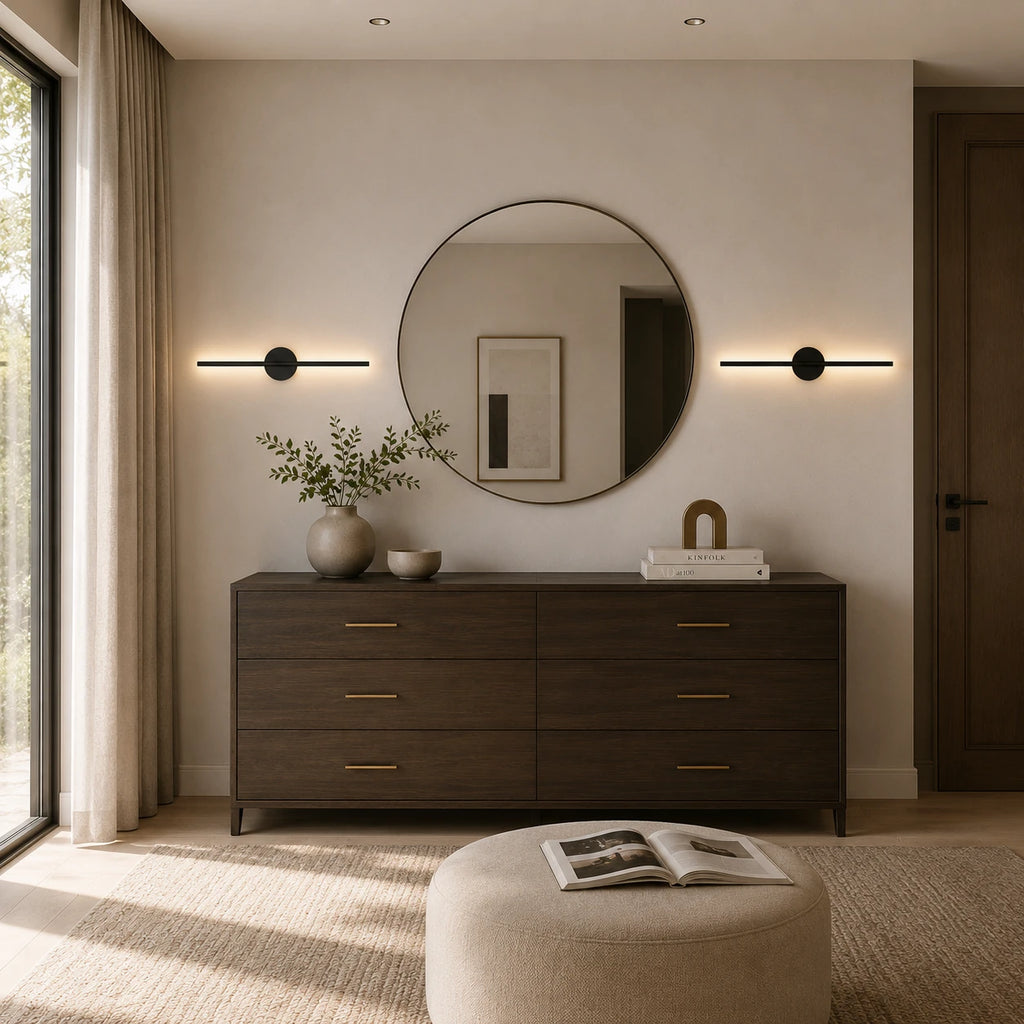 Black rechargeable wireless minimalist wall lights either side of a round mirror above a bedroom dresser