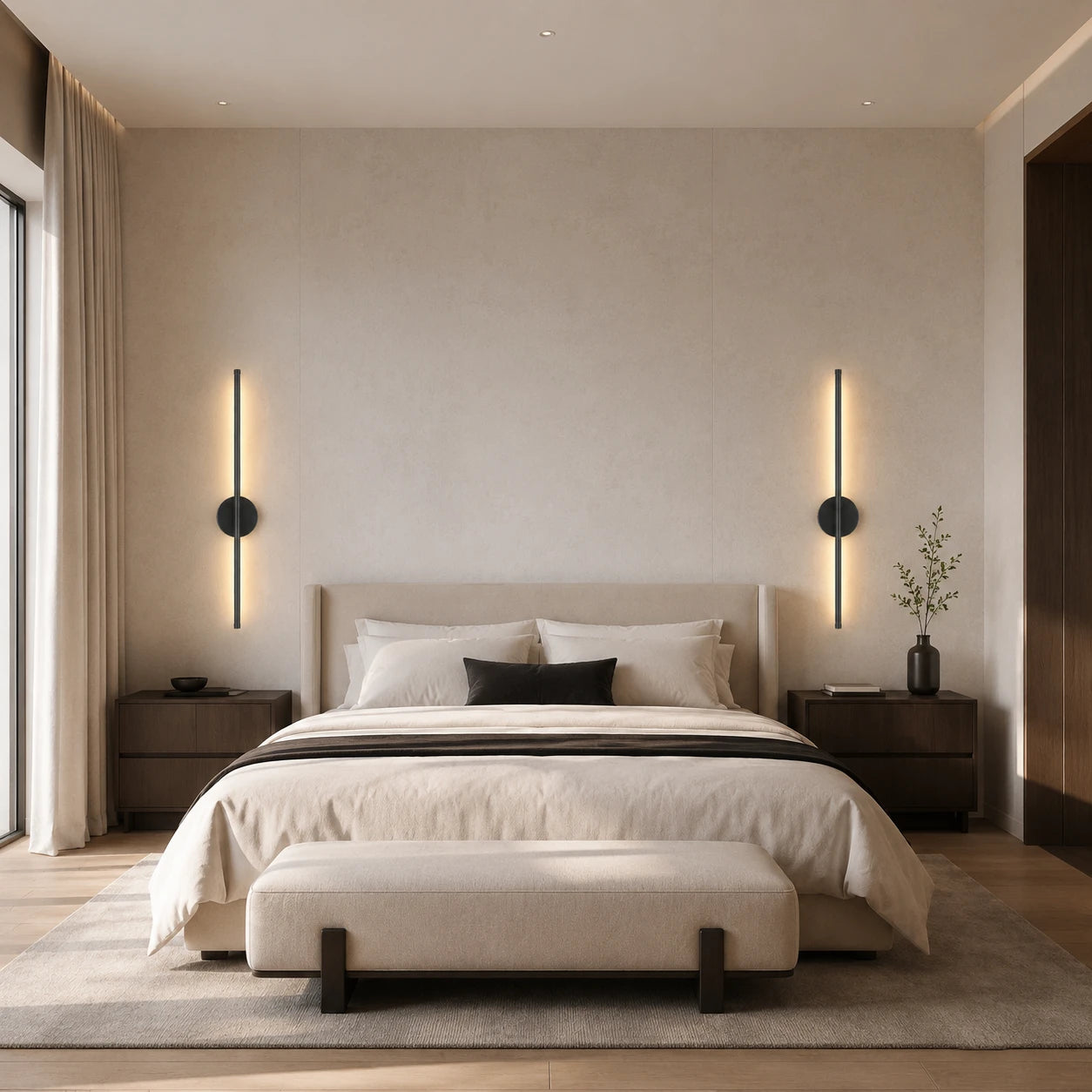 Black Rechargeable Wireless Minimalist Wall Light lifestyle in bedroom, black