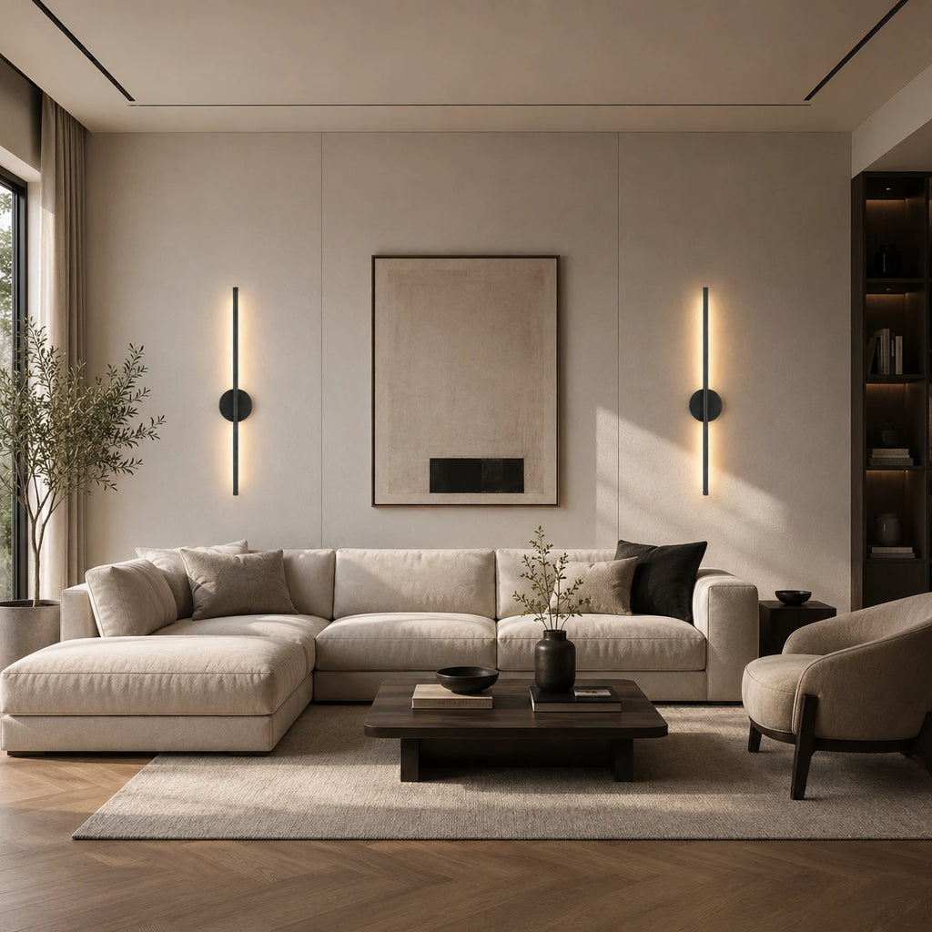 Black rechargeable wireless minimalist wall lights flanking a large artwork above a sofa in a modern living room