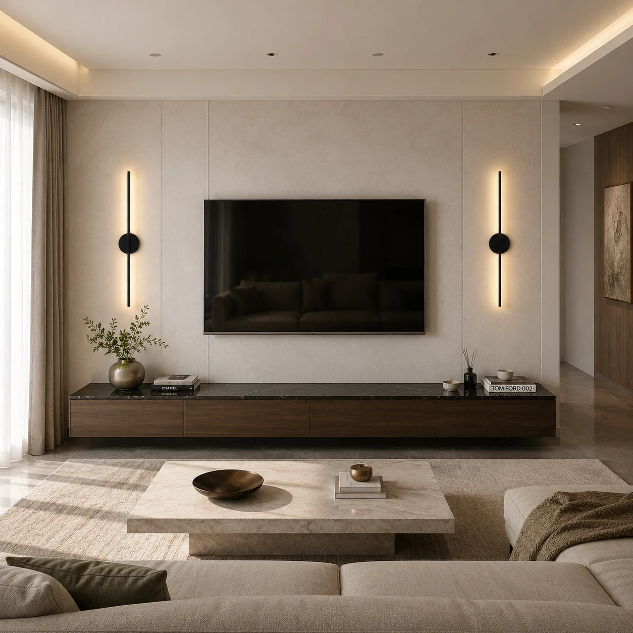 Black Rechargeable Wireless Minimalist Wall Light lifestyle in living room by TV in black
