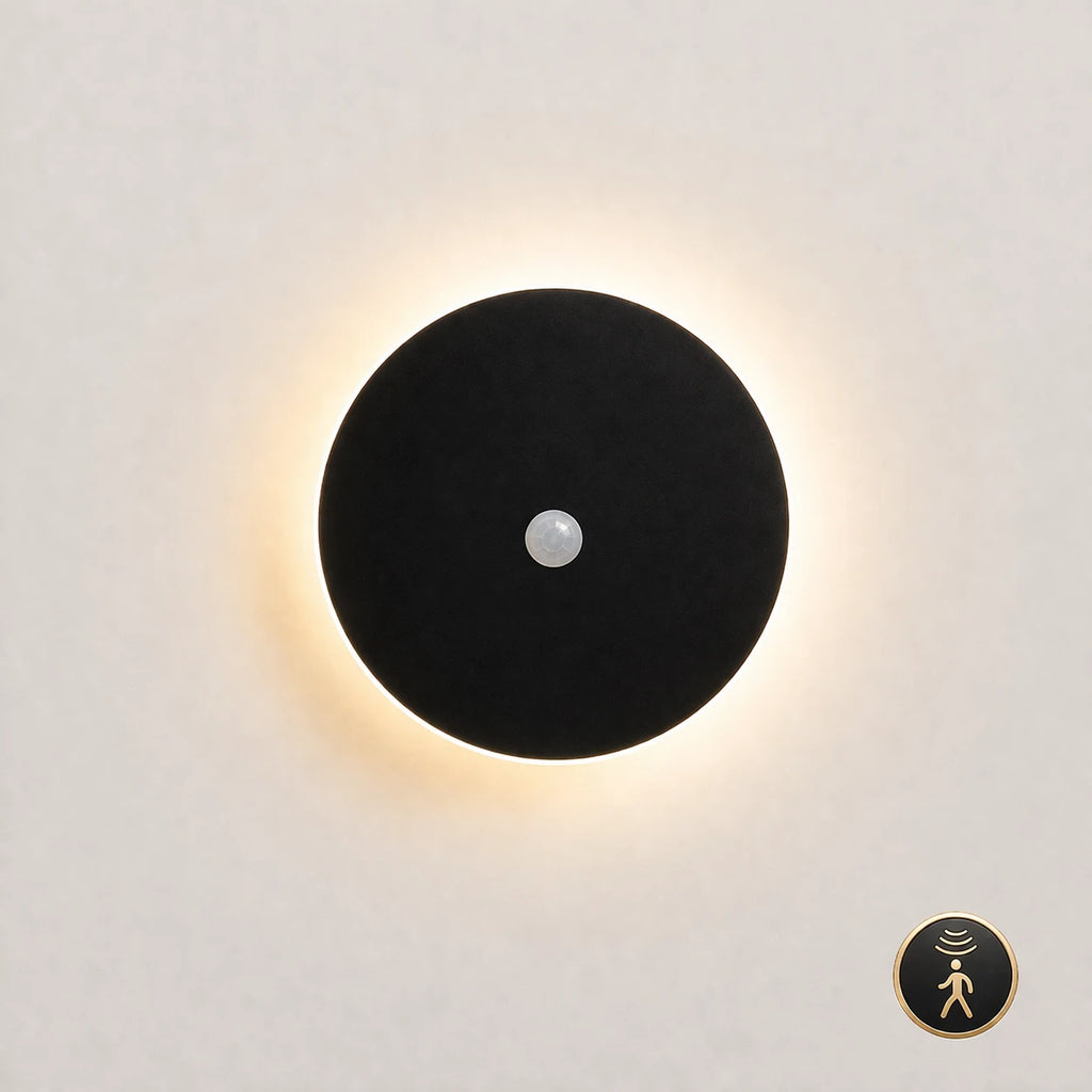 Black & White Halo Motion Sensor LED Modern Wall Light in black, 20cm diameter with motion sensor activation