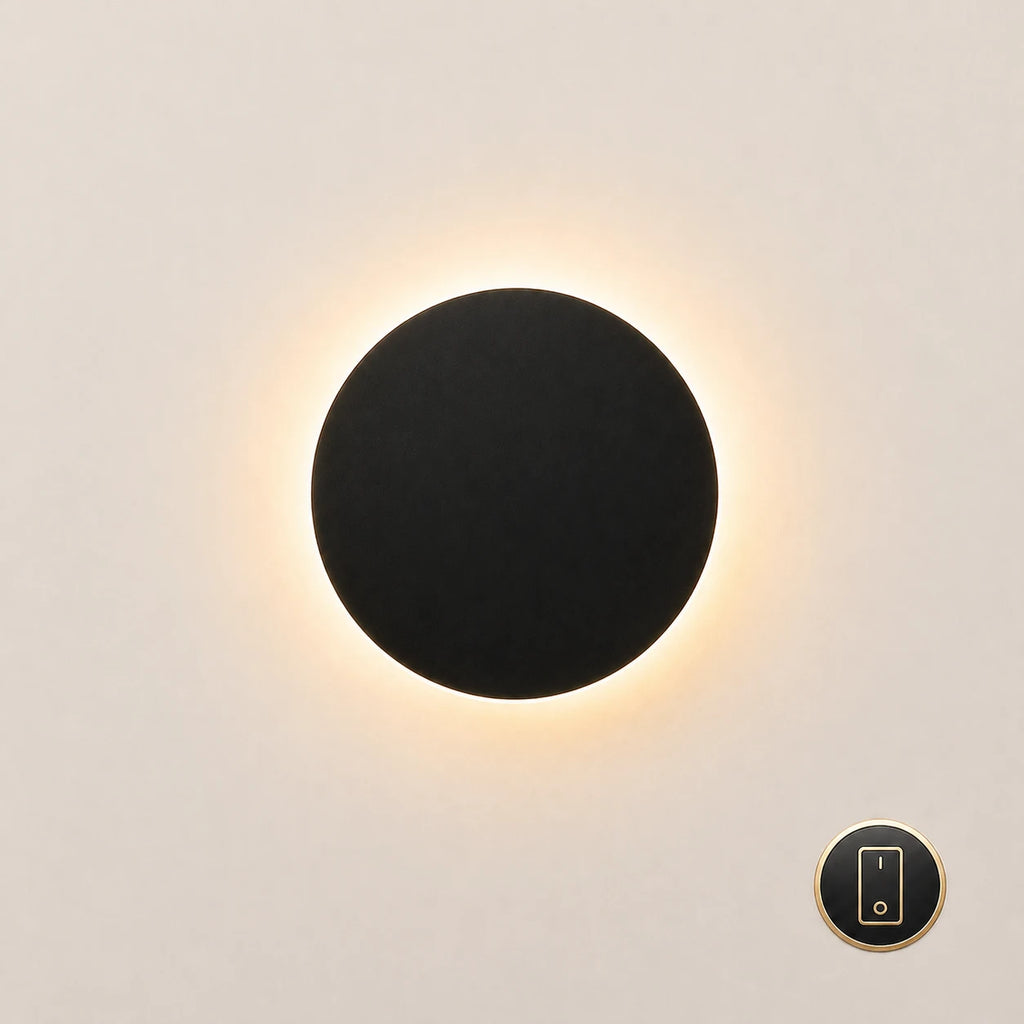 Black halo LED wall light 20cm with wall switch — clean circular disc design for consistent hallway lighting control.