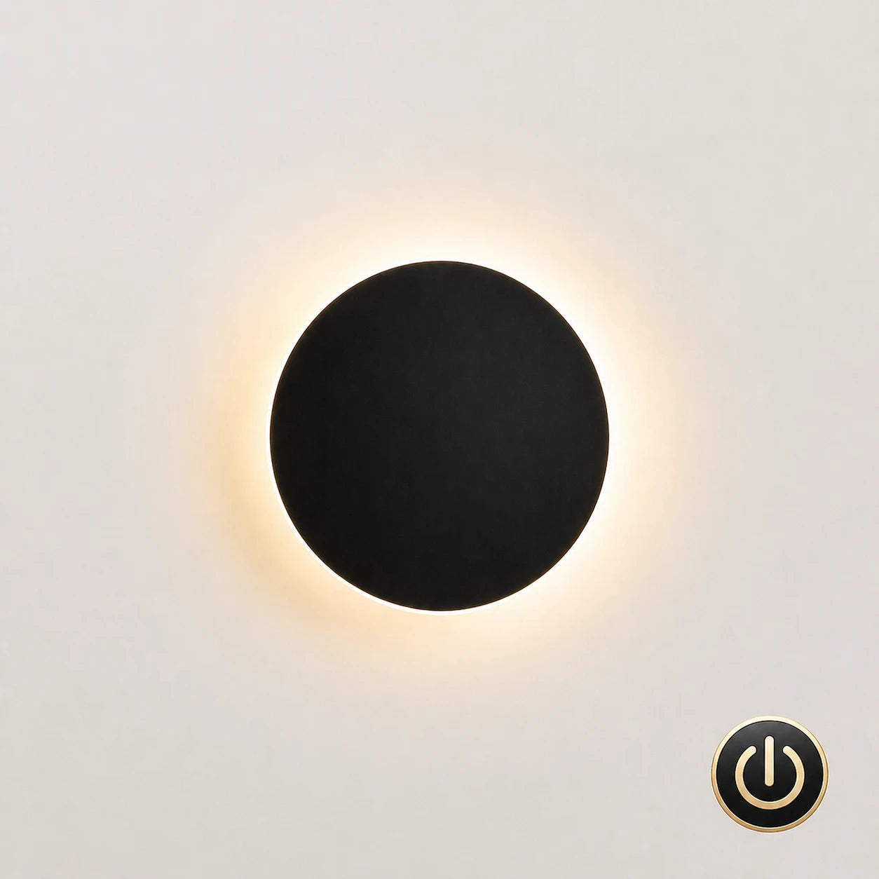 Black halo LED wall light 20cm with touch sensor — tap to dim without leaving bed, suits narrow bedside walls.