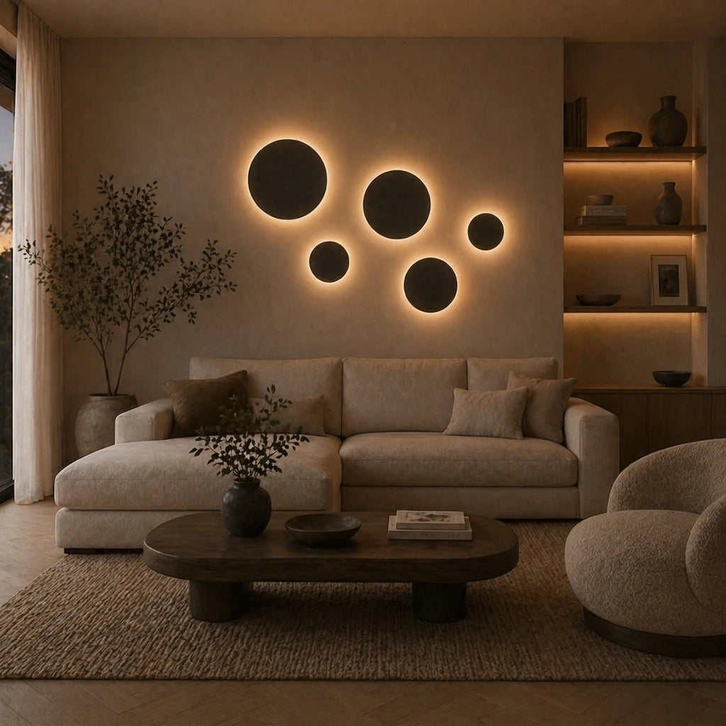Black & White Halo Motion Sensor LED Modern Wall Light after installation in living room