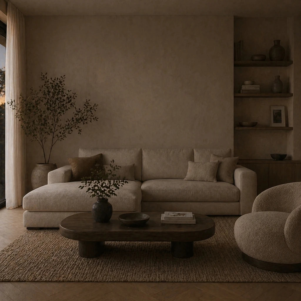 Warm beige living room with cream L-shaped sofa and wooden coffee table before installing the black and white halo motion sensor wall light