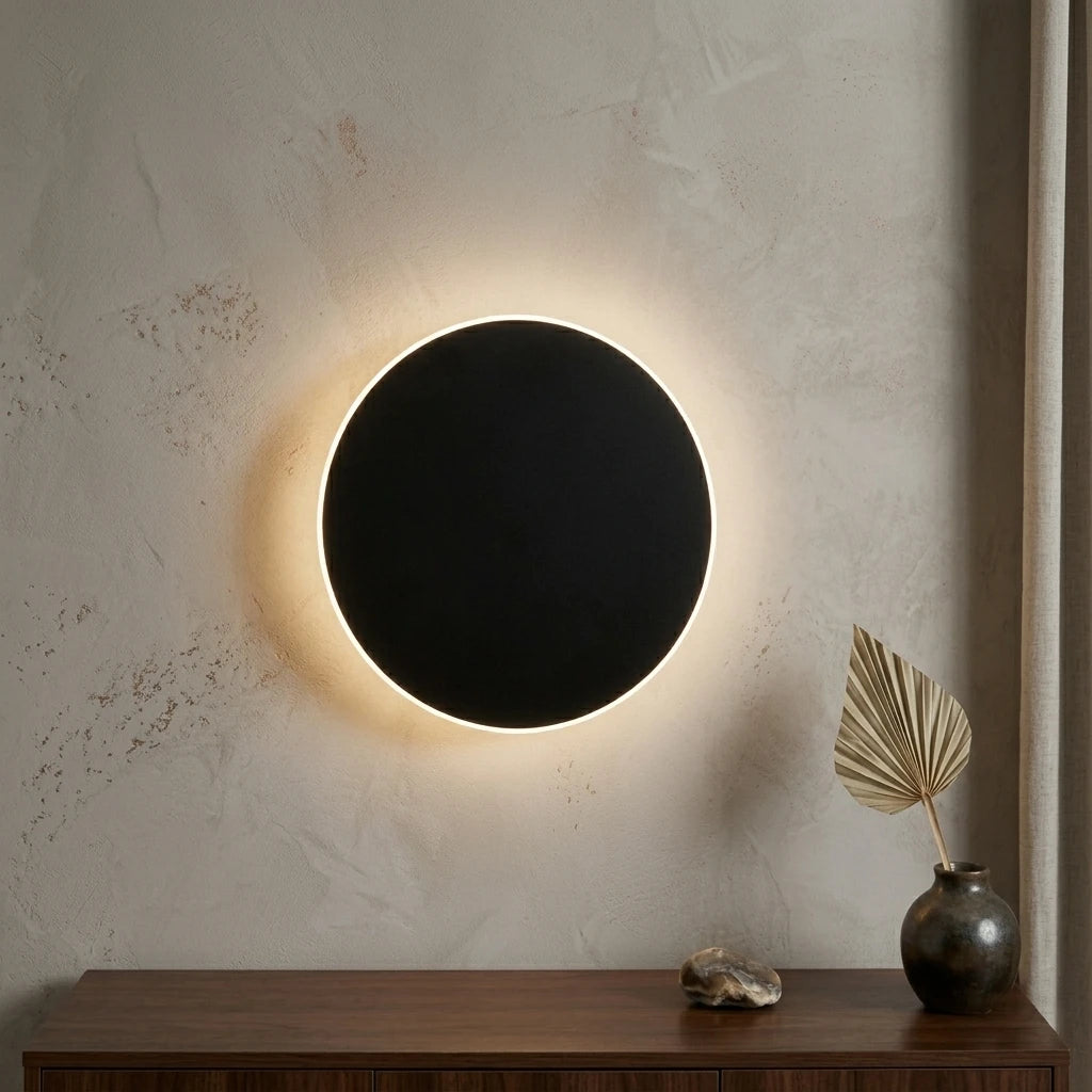 Black halo LED modern wall light — circular backlit disc with discreet motion sensor for hands-free hallway illumination.