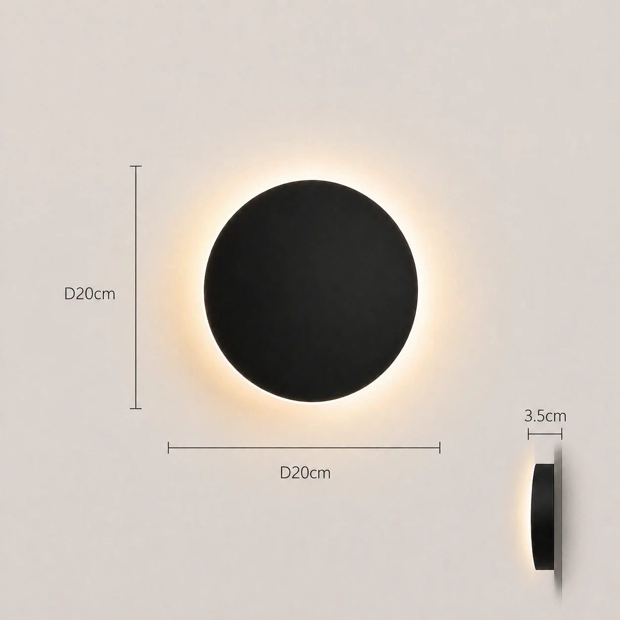 Black & White Halo Motion Sensor LED Modern Wall Light black 20cm diameter dimension diagram with measurements