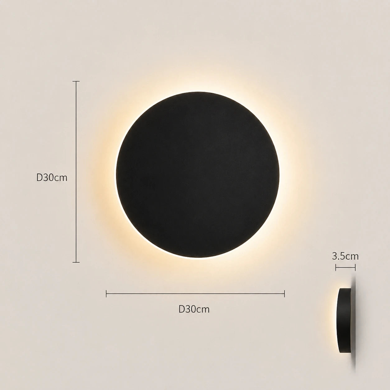 Black & White Halo Motion Sensor LED Modern Wall Light black 30cm diameter dimension diagram with measurements