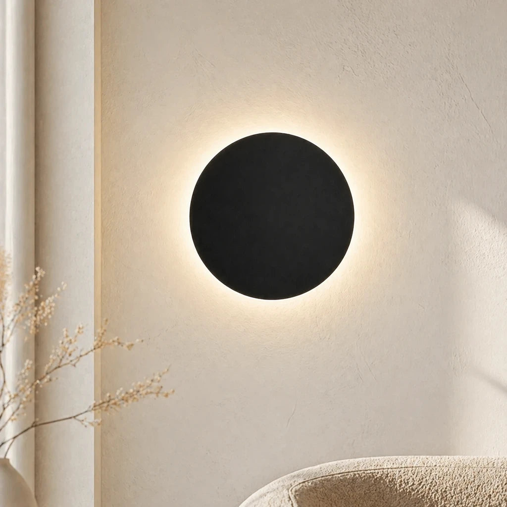 Halo LED modern wall lights in black and white — 20cm and 30cm sizes with motion sensor and touch control options.