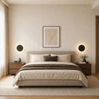 Black & White Halo Motion Sensor LED Modern Wall Lights in black as bedside reading lights in a modern bedroom