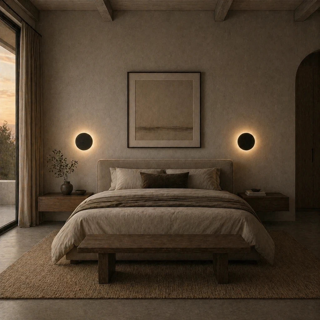 Black & White Halo Motion Sensor LED Modern Wall Lights in black flanking a bed in a rustic Nordic bedroom