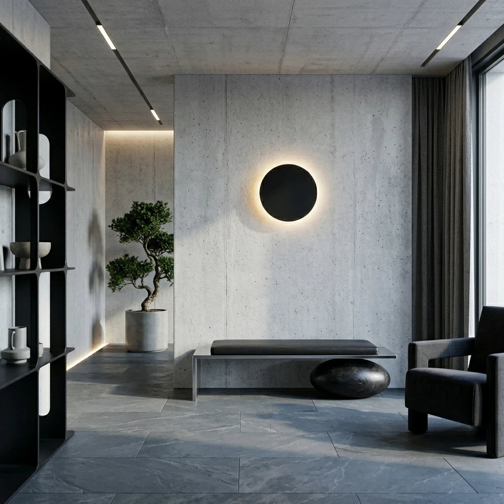 Black halo motion sensor LED wall light activating in a painted brick modern hallway.