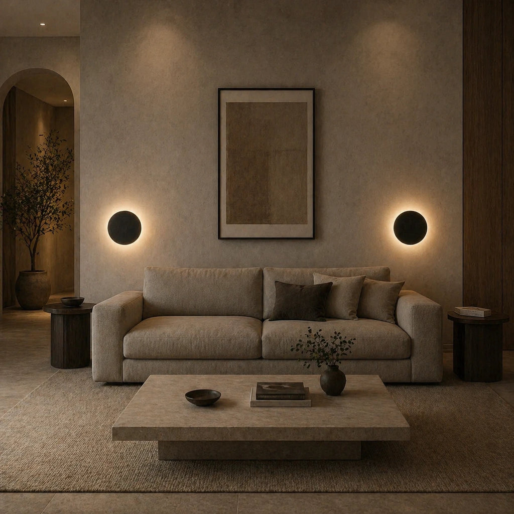 White halo LED wall light in a living room, providing warm circular ambient glow as subtle decorative wall lighting.