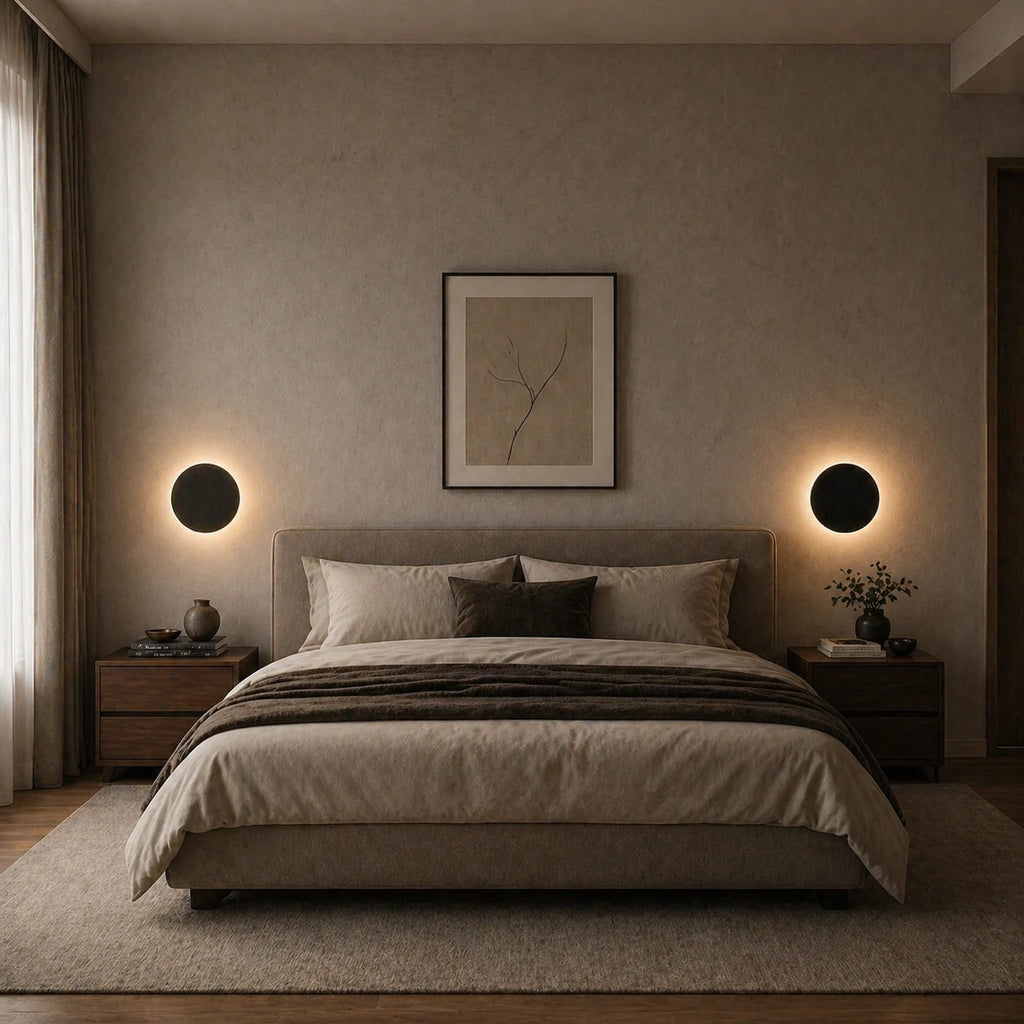 Black halo LED wall light on a white porch wall, automatically lighting the entrance when motion is detected.