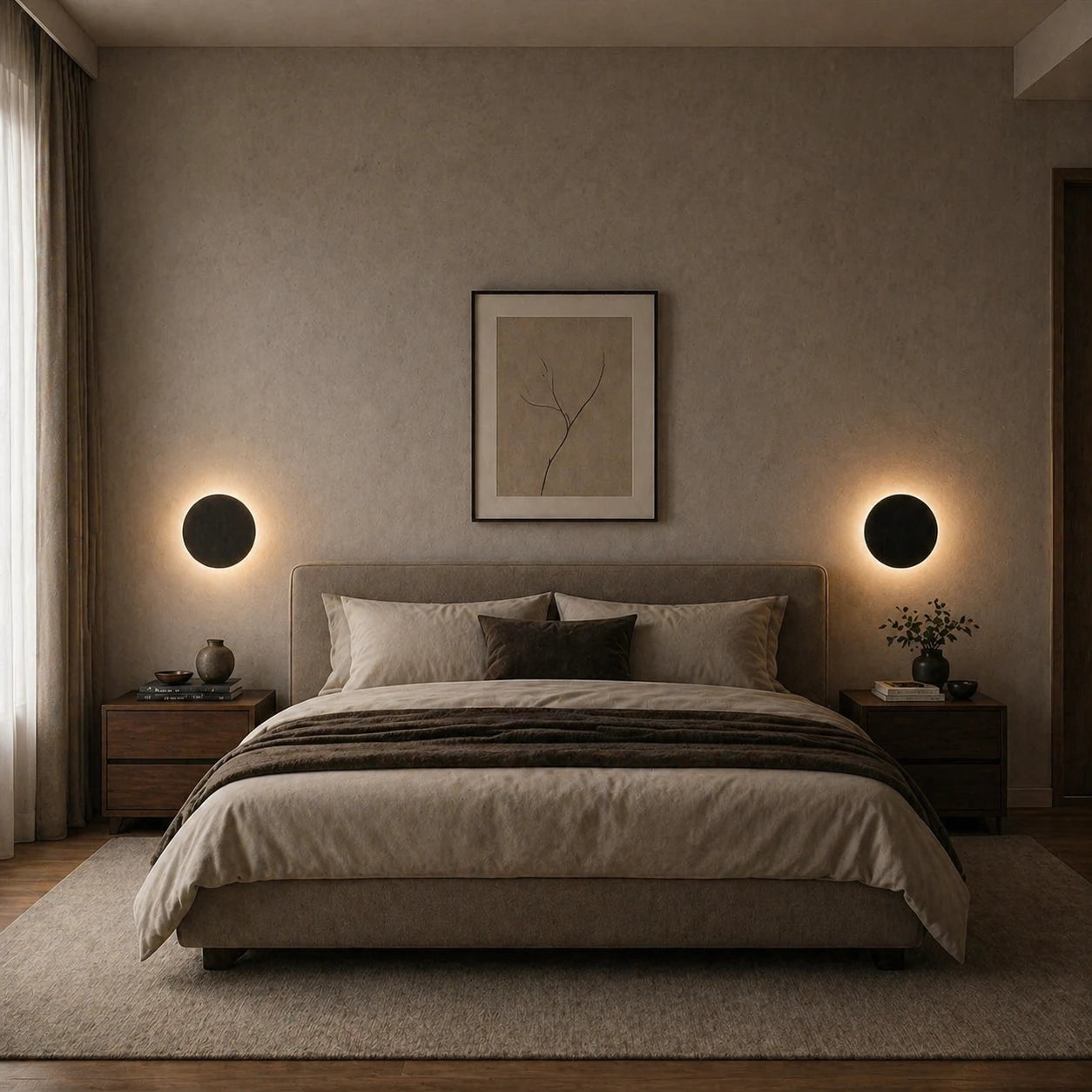 Black halo LED wall light on a white porch wall, automatically lighting the entrance when motion is detected.