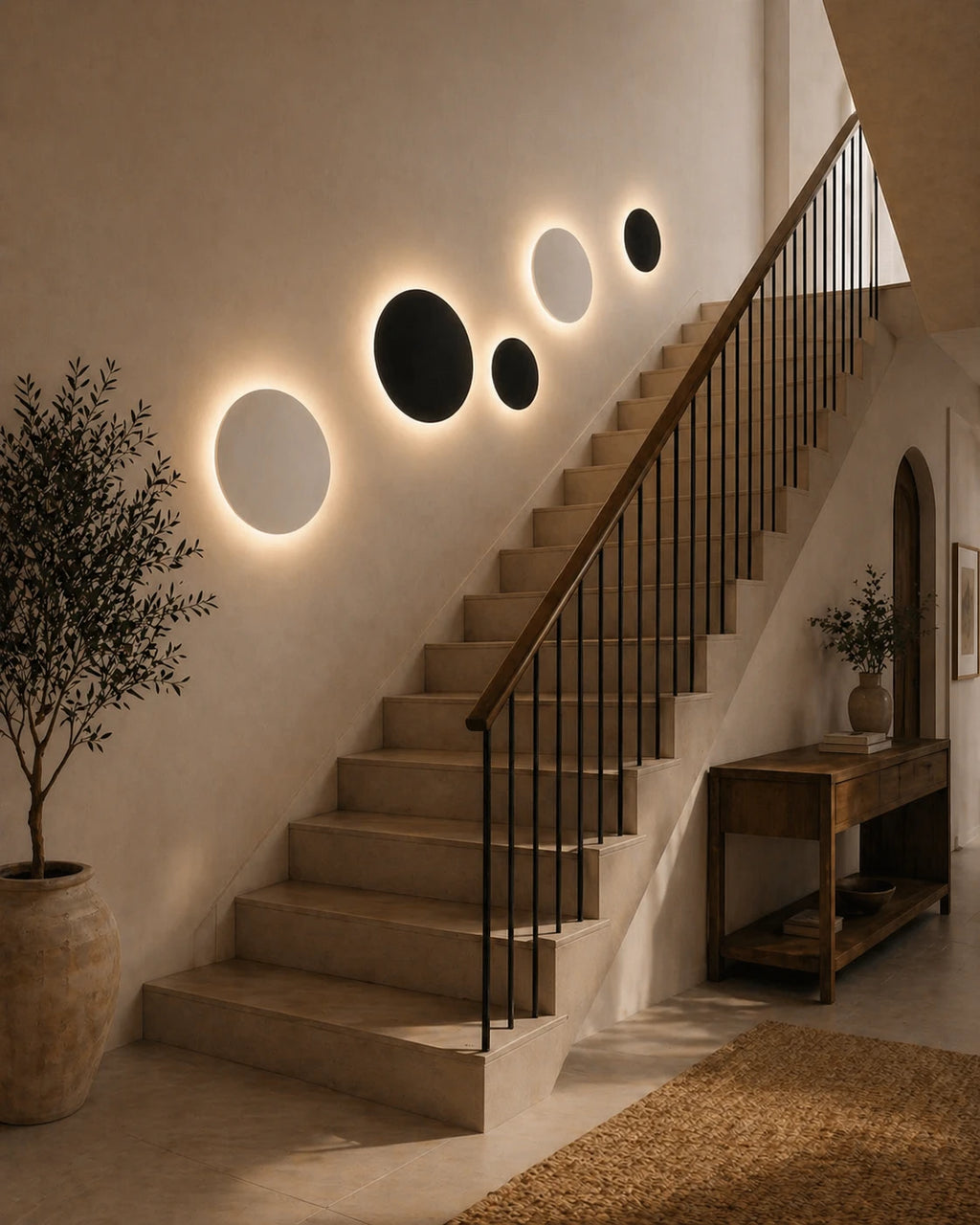 Black halo LED wall lights on a staircase wall, triggering automatically with motion sensor as someone walks past.
