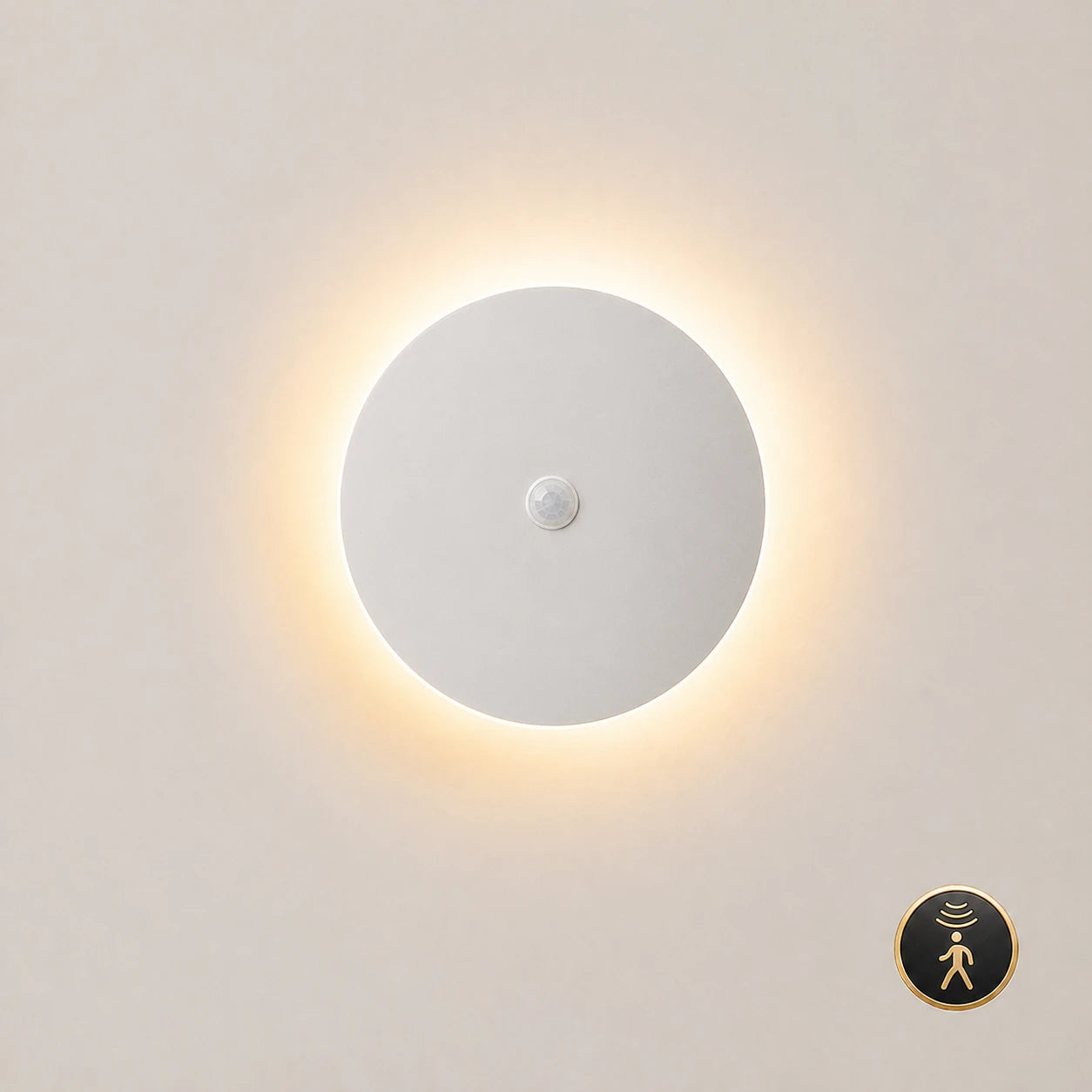 White halo LED wall light 20cm with motion sensor — automatically activates on approach for hands-free hallway lighting.