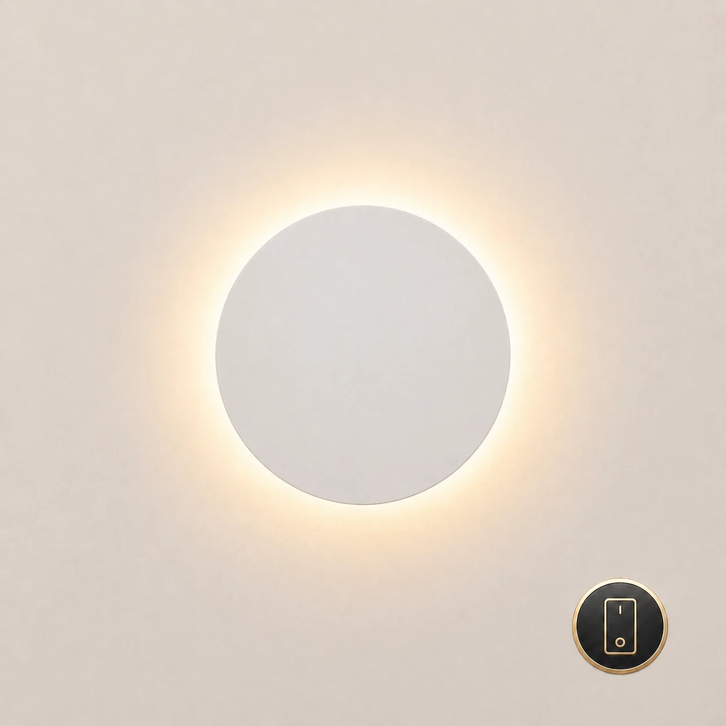 White halo LED wall light 20cm with wall switch — traditional on/off switching for corridor and bedroom lighting.