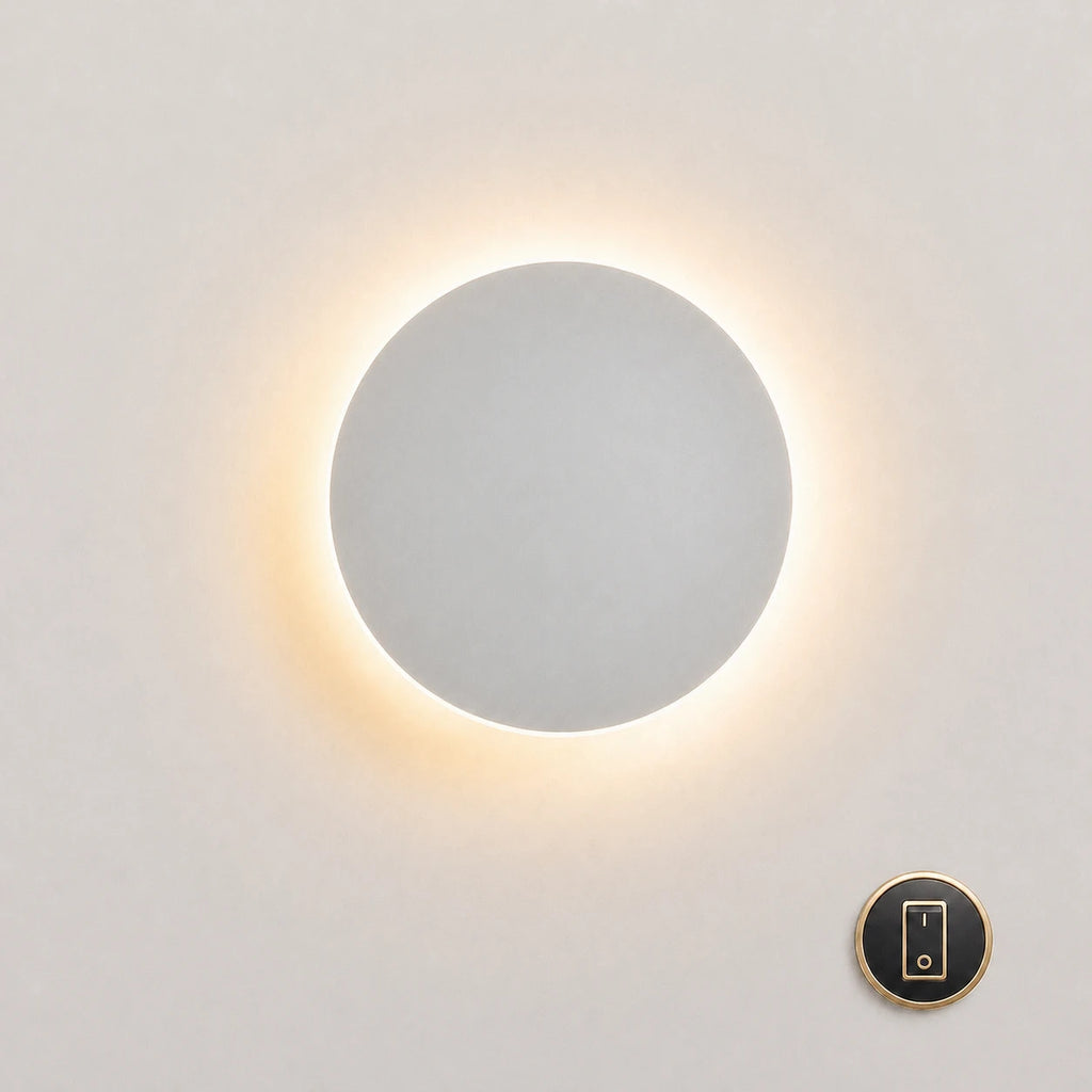 White halo LED wall light 30cm with wall switch control — large circular profile for bedroom and living room walls.