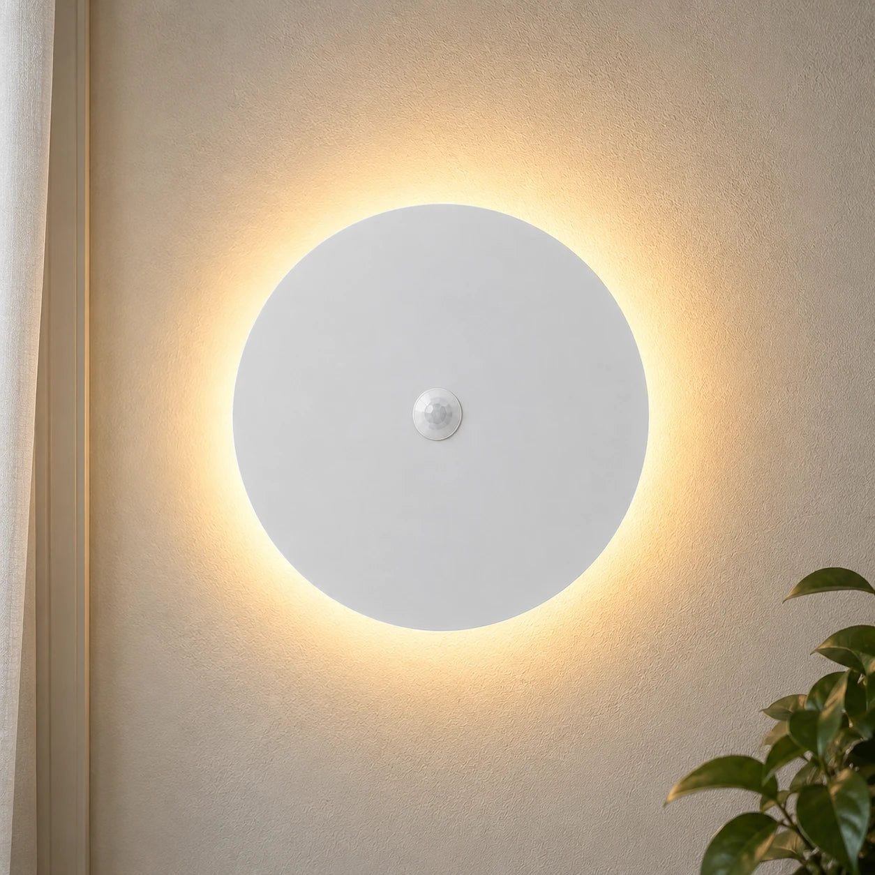 Black halo motion sensor LED modern wall light — white version with motion sensor activated.