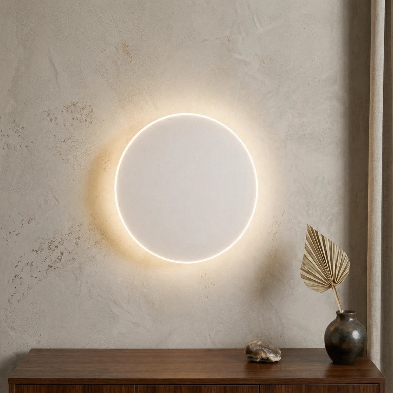 White halo LED modern wall light with circular backlit disc and integrated sensor — clean minimal design for modern walls.