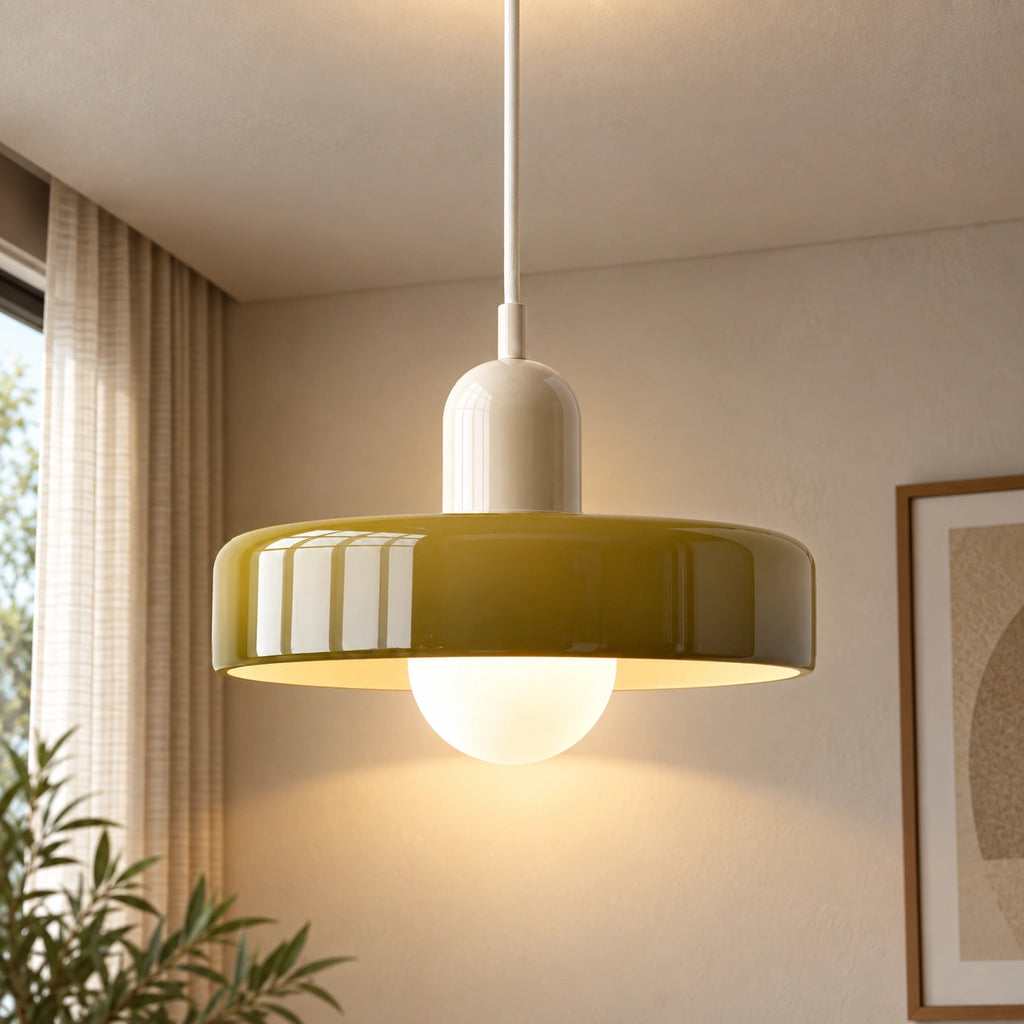 Coloured Glass Bauhaus Pendant Light in Army Green glass with a Beige fitting and bold geometric Bauhaus styling.