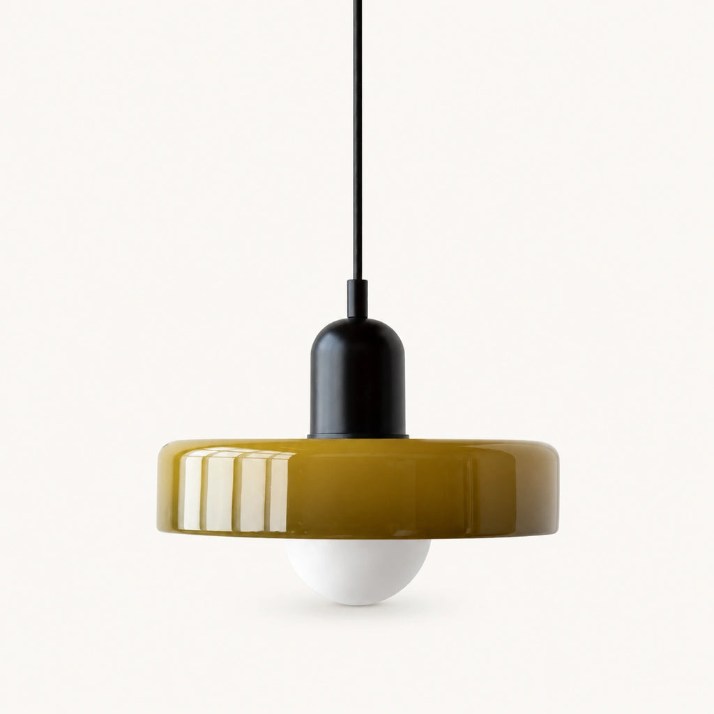 Coloured Glass Bauhaus Pendant Light shown in Army Green glass and Black fitting, highlighting the compact pendant shape and finish.