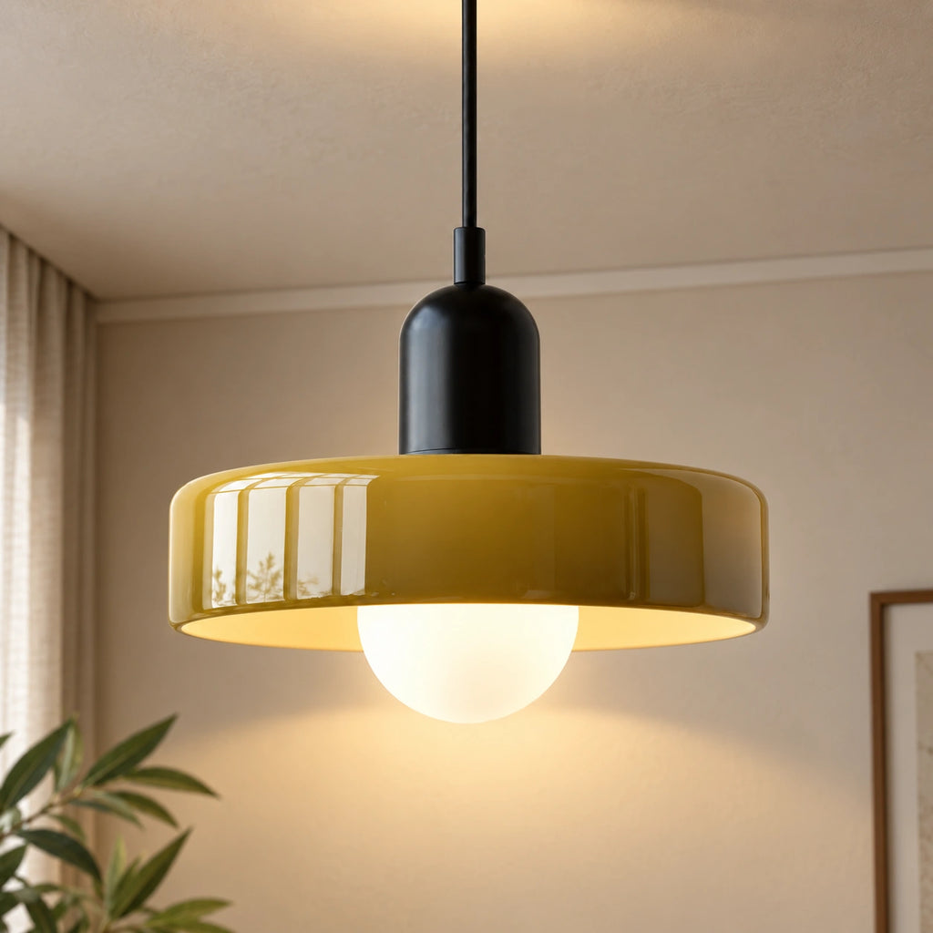 Coloured Glass Bauhaus Pendant Light in Army Green glass with a Black fitting and bold geometric Bauhaus styling.