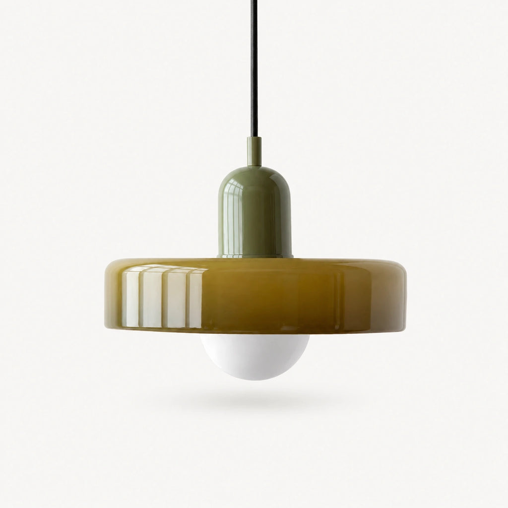 Coloured Glass Bauhaus Pendant Light shown in Army Green glass and Green fitting, highlighting the compact pendant shape and finish.