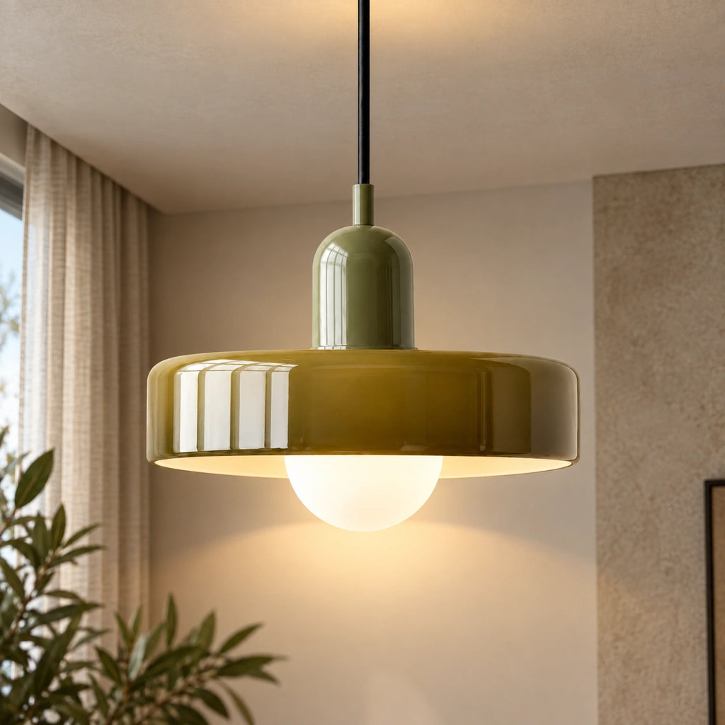 Coloured Glass Bauhaus Pendant Light in Army Green glass with a Green fitting and bold geometric Bauhaus styling.