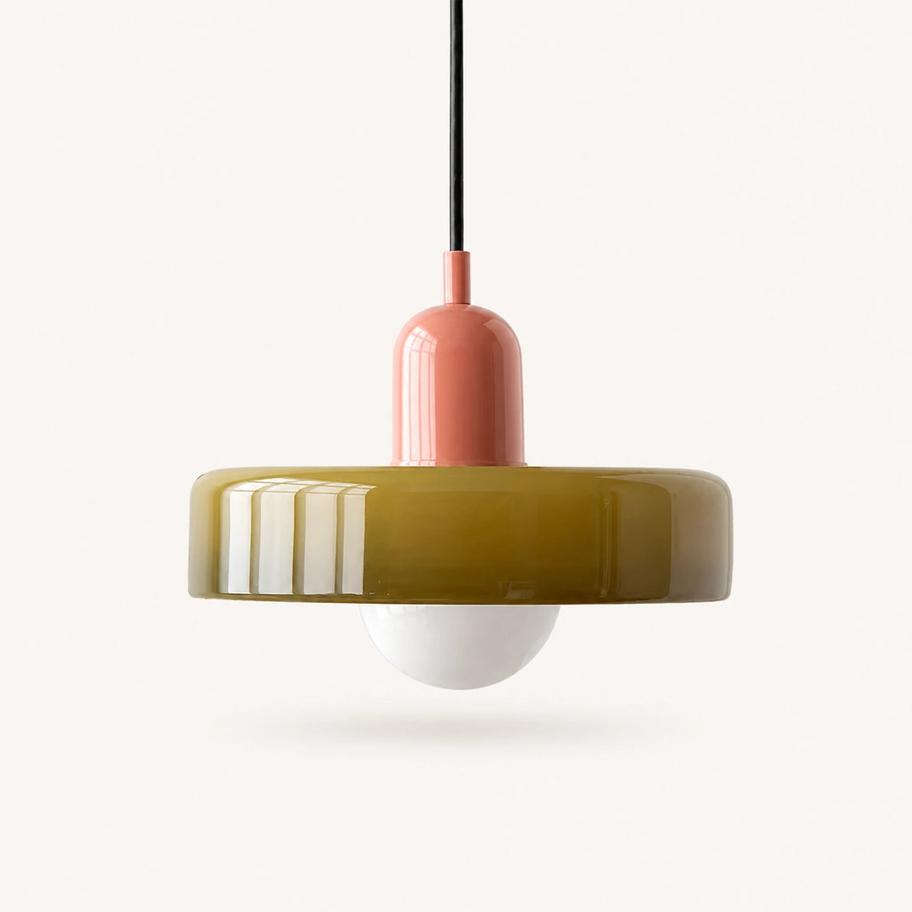 Coloured Glass Bauhaus Pendant Light shown in Army Green glass and Pink fitting, highlighting the compact pendant shape and finish.