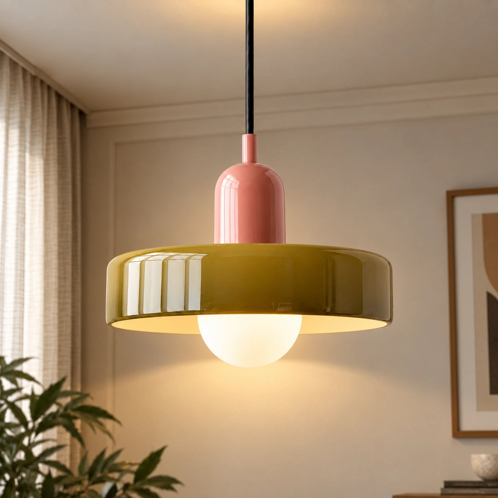 Coloured Glass Bauhaus Pendant Light in Army Green glass with a Pink fitting and bold geometric Bauhaus styling.