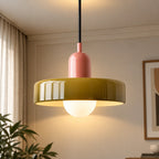 Coloured Glass Bauhaus Pendant Light in Army Green glass with a Pink fitting and bold geometric Bauhaus styling.