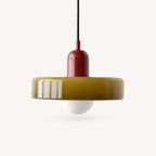 Coloured Glass Bauhaus Pendant Light shown in Army Green glass and Red fitting, highlighting the compact pendant shape and finish.