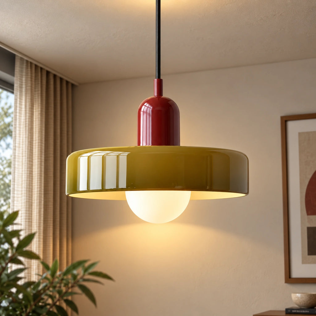 Coloured Glass Bauhaus Pendant Light in Army Green glass with a Red fitting and bold geometric Bauhaus styling.