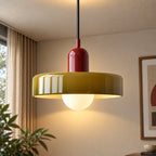 Coloured Glass Bauhaus Pendant Light in Army Green glass with a Red fitting and bold geometric Bauhaus styling.