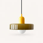 Coloured Glass Bauhaus Pendant Light shown in Army Green glass and Yellow fitting, highlighting the compact pendant shape and finish.