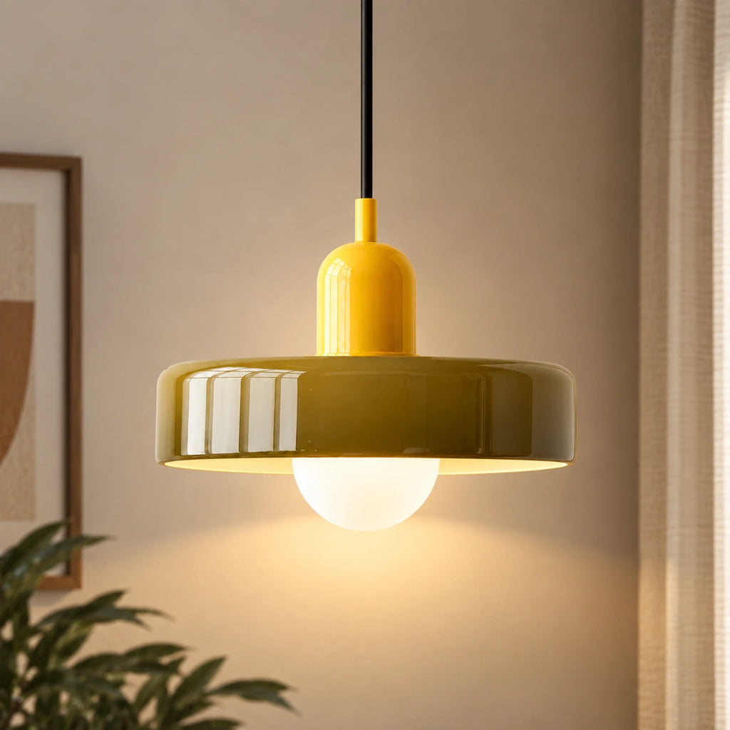 Coloured Glass Bauhaus Pendant Light in Army Green glass with a Yellow fitting and bold geometric Bauhaus styling.