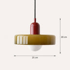 Coloured Glass Bauhaus Pendant Light size guide showing full pendant dimensions and drop height measurements in centimetres.