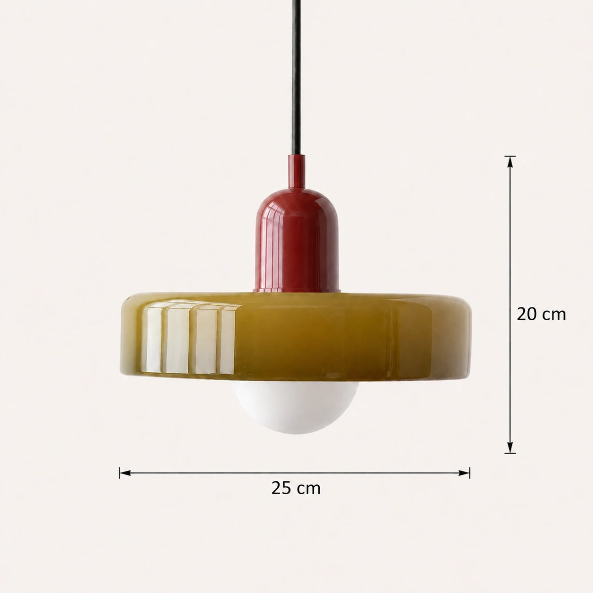 Coloured Glass Bauhaus Pendant Light size guide showing full pendant dimensions and drop height measurements in centimetres.