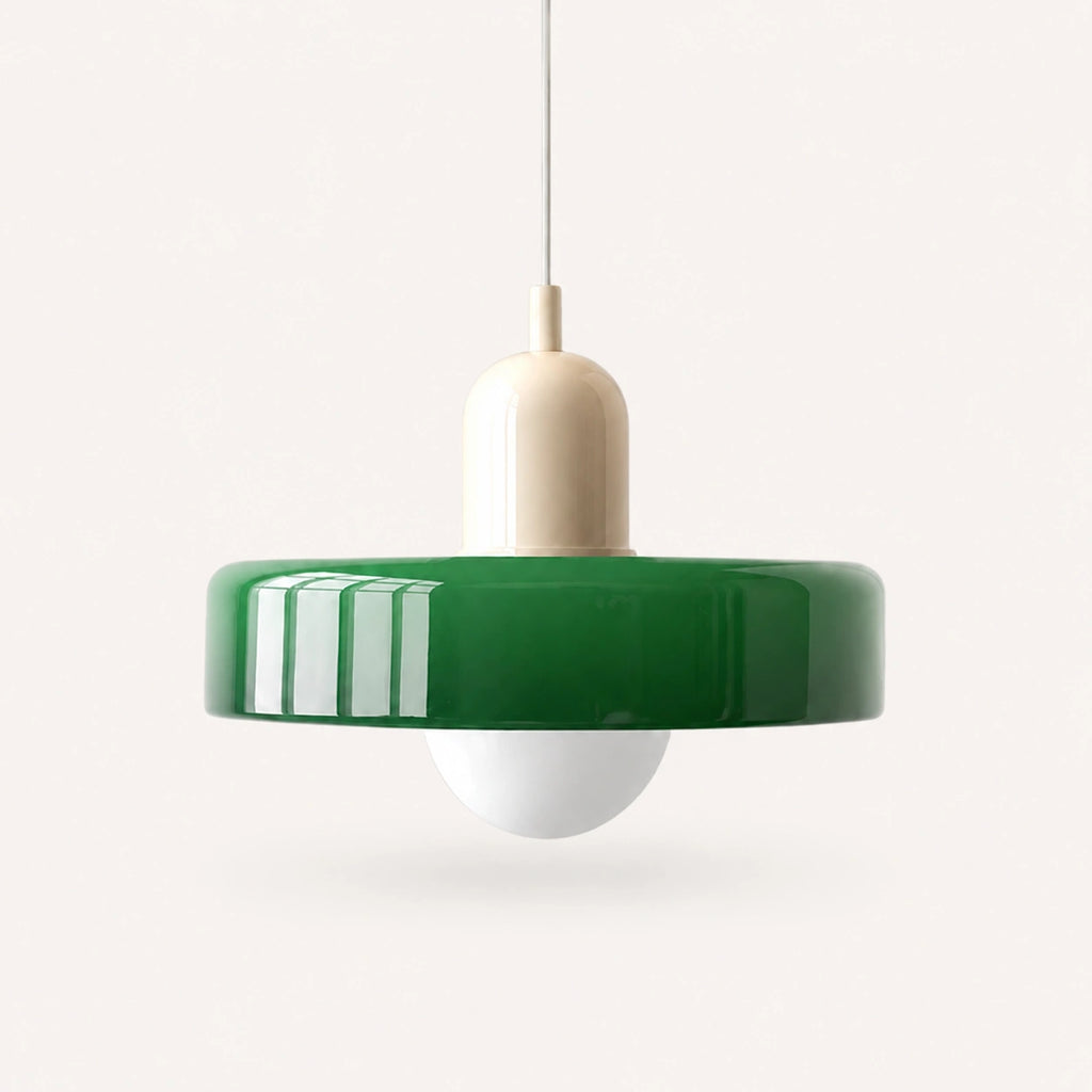 Coloured Glass Bauhaus Pendant Light shown in Green glass and Beige fitting, highlighting the compact pendant shape and finish.