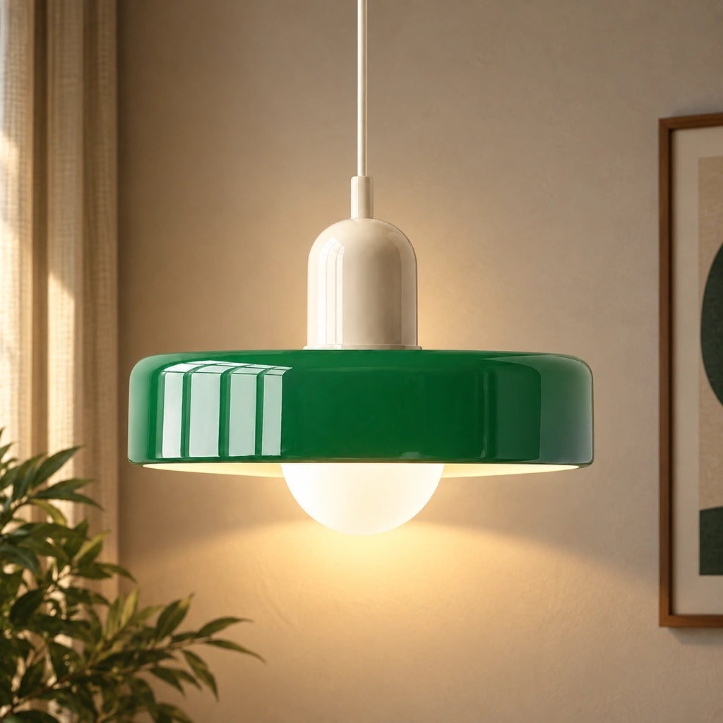 Coloured Glass Bauhaus Pendant Light in Green glass with a Beige fitting and bold geometric Bauhaus styling.