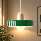 Coloured Glass Bauhaus Pendant Light in Green glass with a Beige fitting and bold geometric Bauhaus styling.