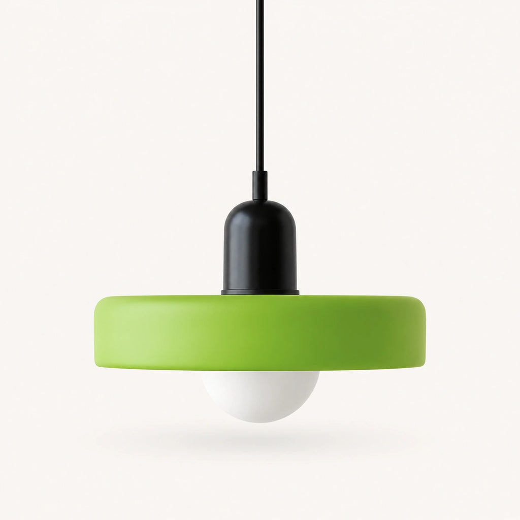 Coloured Glass Bauhaus Pendant Light shown in Green glass and Black fitting, highlighting the compact pendant shape and finish.