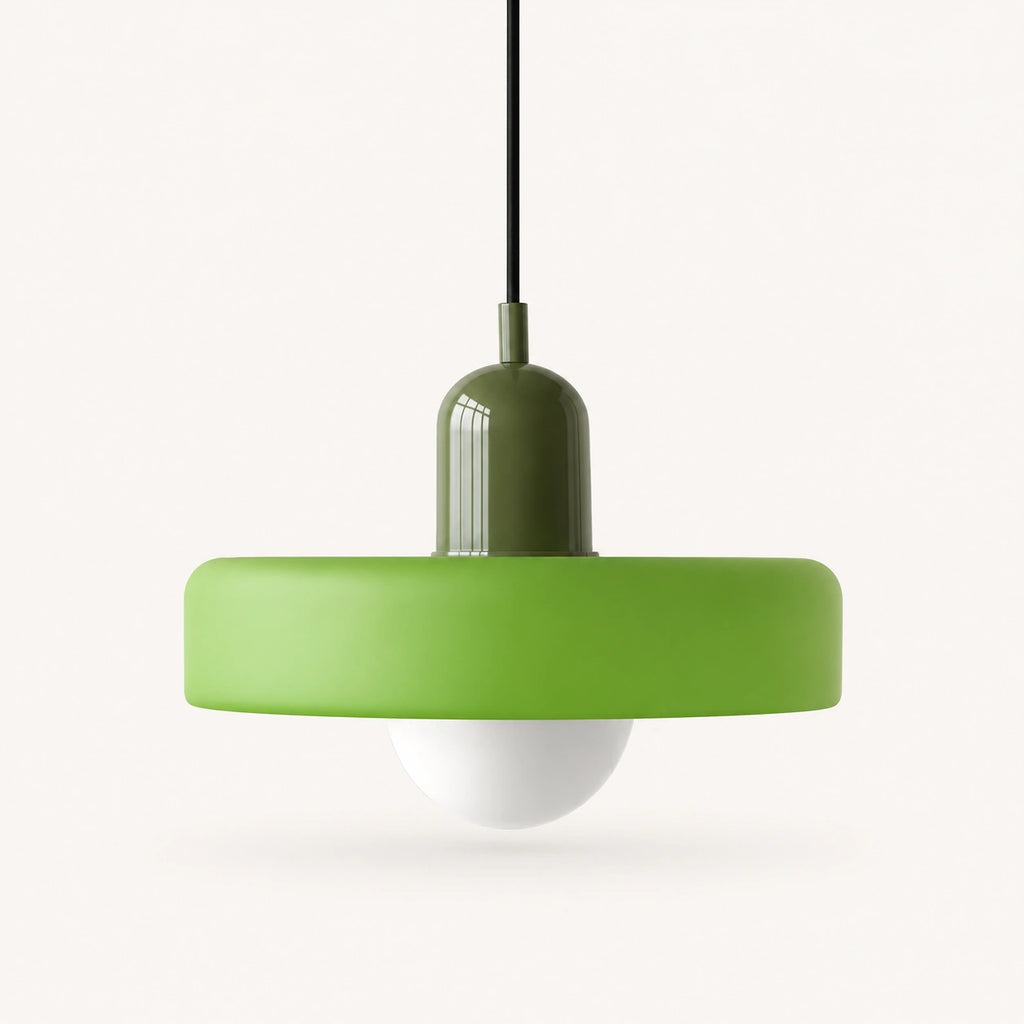 Coloured Glass Bauhaus Pendant Light shown in Green glass and Green fitting, highlighting the compact pendant shape and finish.