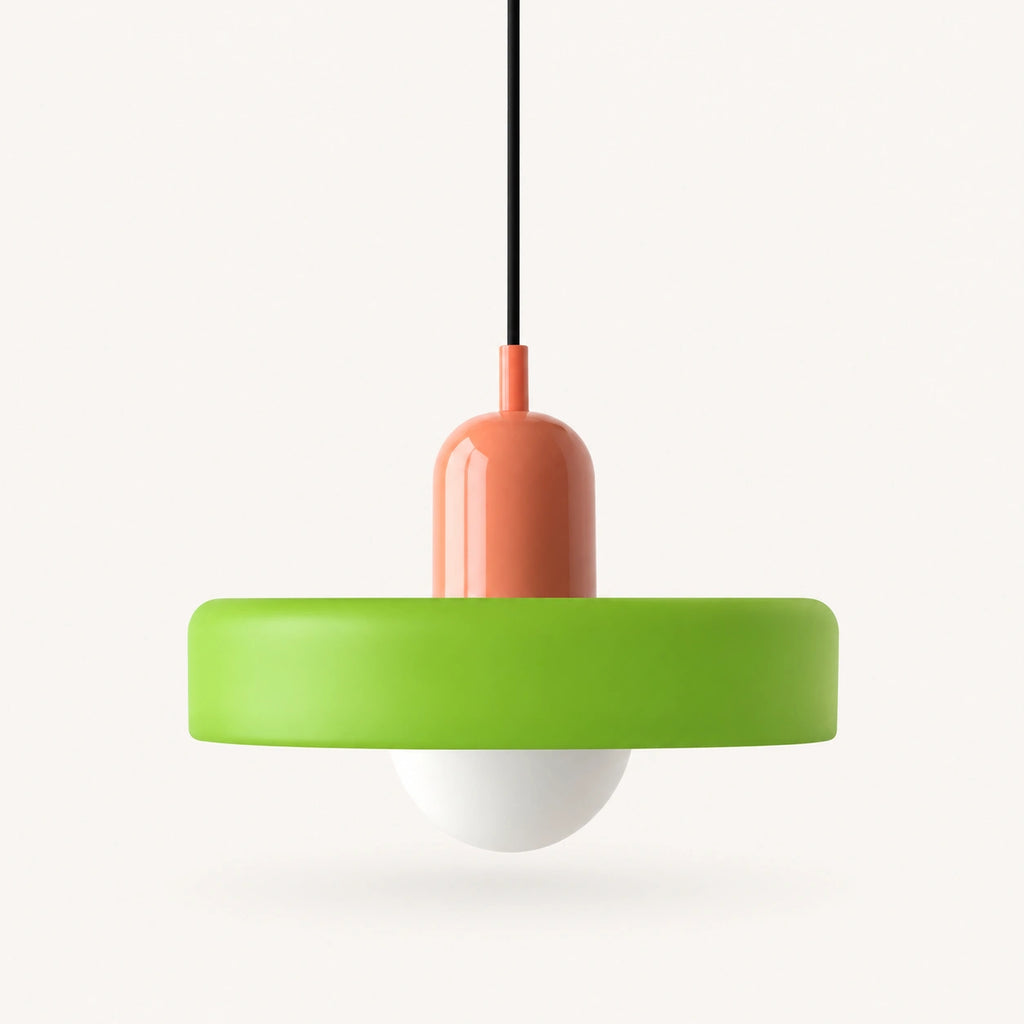 Coloured Glass Bauhaus Pendant Light shown in Green glass and Pink fitting, highlighting the compact pendant shape and finish.