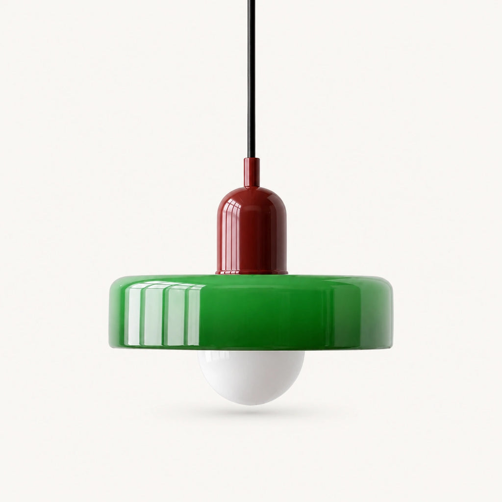 Coloured Glass Bauhaus Pendant Light shown in Green glass and Red fitting, highlighting the compact pendant shape and finish.