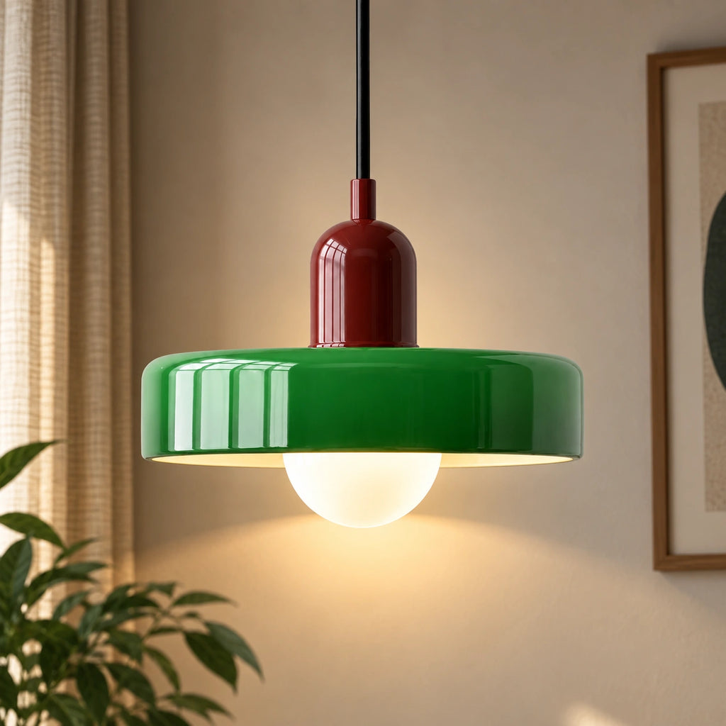 Coloured Glass Bauhaus Pendant Light in Green glass with a Red fitting and bold geometric Bauhaus styling.